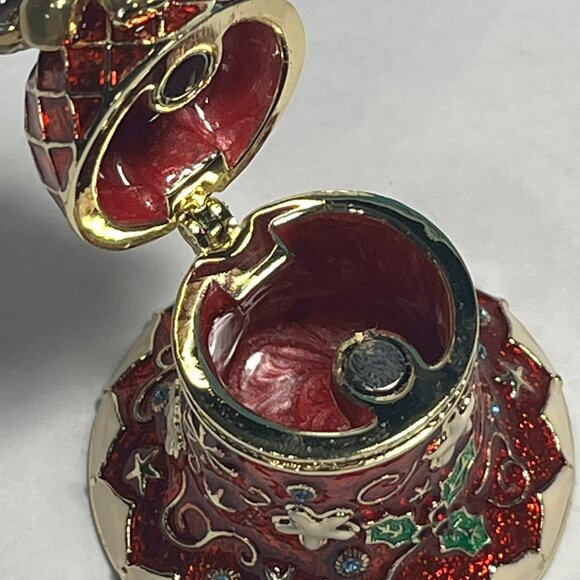 Red and Gold Jingle Bell Jeweled Enamel Trinket Box Hinged Magnetic Collectible - Picture 4 of 7